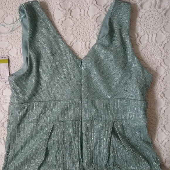 New R&M Richards Maxi Dress Fit Flare Aqua Blue Glitter Empire Waist 14 P Women - Picture 6 of 8